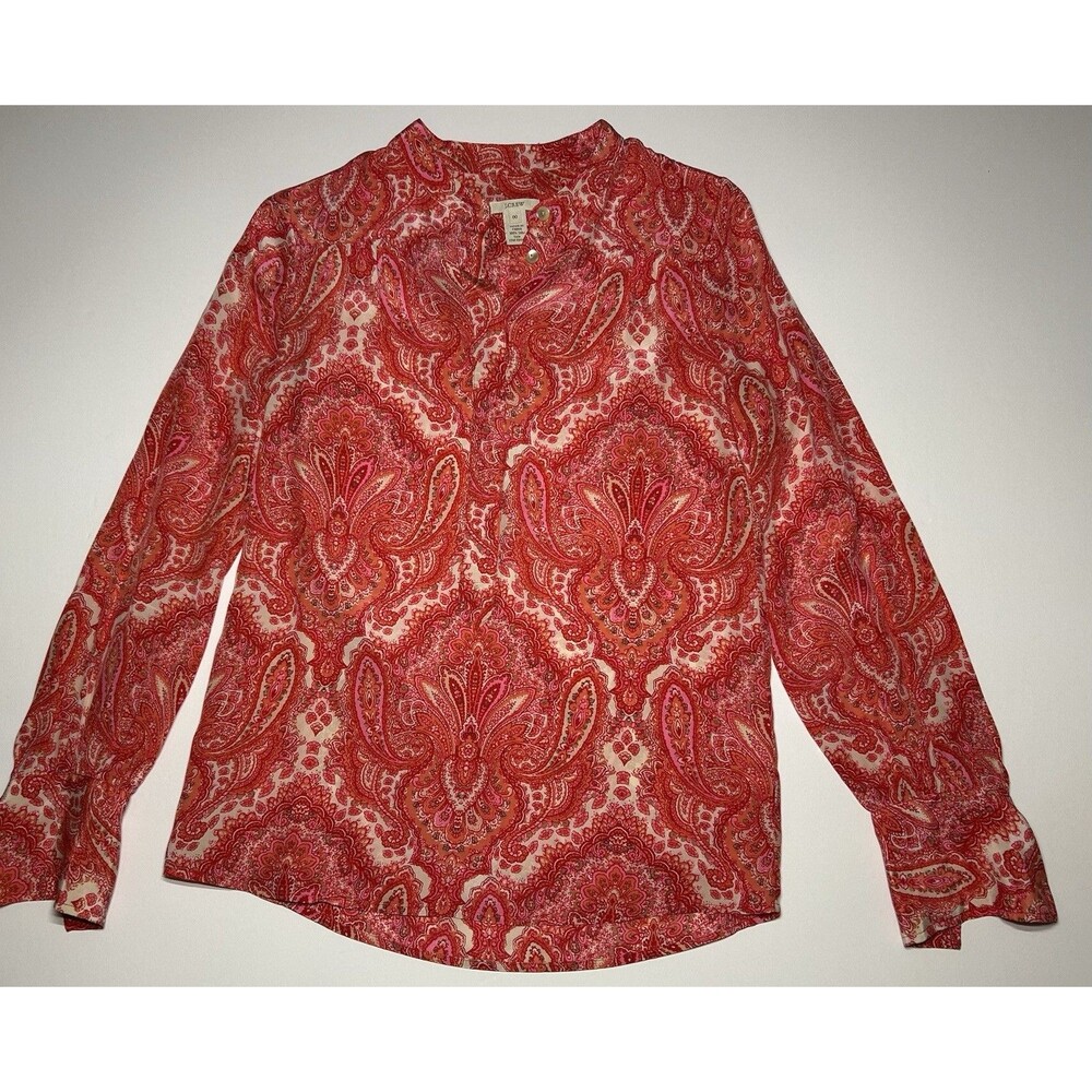 J Crew Women’s 100% Silk Rhea Popover Blouse Top Red Pink Paisley Size 00 EUC
